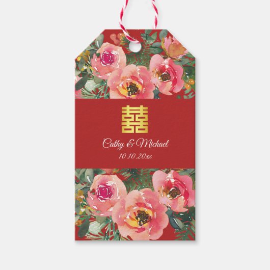 Roze bloemachtergrond dubbel geluk symbool cadeaulabel (Voorkant)