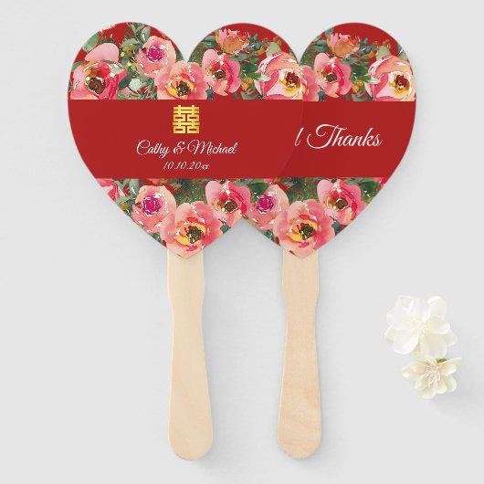 Roze bloemachtergrond dubbel geluk symbool handwaaier (Voorkant en achterkant)