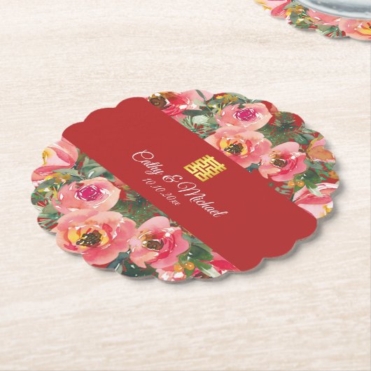 Roze bloemachtergrond dubbel geluk symbool kartonnen onderzetters (Gekanteld)