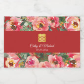 Roze bloemachtergrond dubbel geluk symbool likeurfles etiket (Enkel label)