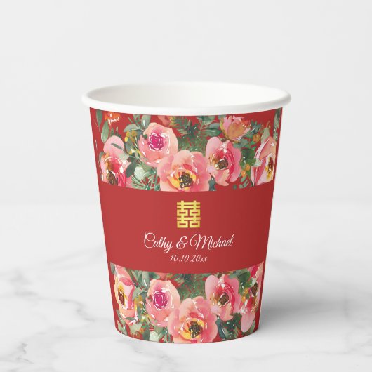 Roze bloemachtergrond dubbel geluk symbool papieren bekers (Achterkant)