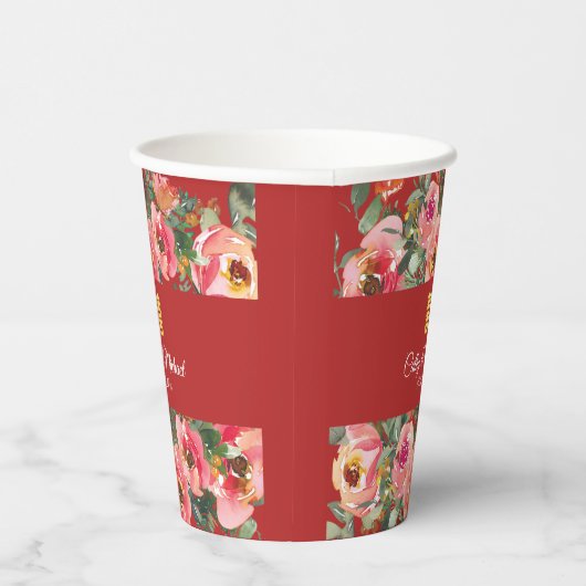 Roze bloemachtergrond dubbel geluk symbool papieren bekers (Rechts)