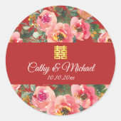 Roze bloemachtergrond dubbel geluk symbool ronde sticker (Voorkant)