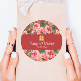 Roze bloemachtergrond dubbel geluk symbool ronde sticker