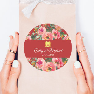 Roze bloemachtergrond dubbel geluk symbool ronde sticker