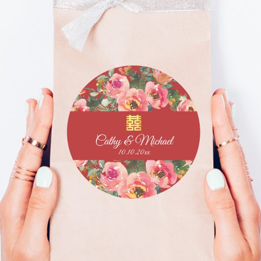 Roze bloemachtergrond dubbel geluk symbool ronde sticker