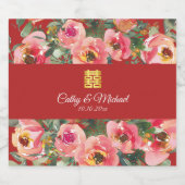 Roze bloemachtergrond dubbel geluk symbool sparkling wijnetiket (Enkel label)