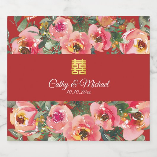 Roze bloemachtergrond dubbel geluk symbool sparkling wijnetiket (Enkel label)