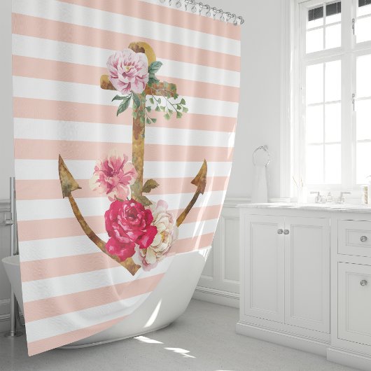 Roze Bloemanker Zeevaartstrepen Douchegordijn