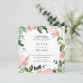 Roze bloemblaadje groen Lijst bruiloft uitnodiging (Staand voorkant)
