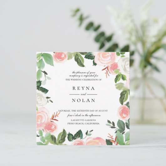 Roze bloemblaadje groen Lijst bruiloft uitnodiging (Staand voorkant)