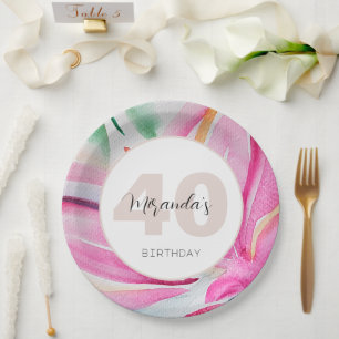 Roze bloemblaadje Waterverf monogram Papieren Bordje