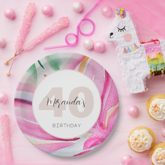 Roze bloemblaadje Waterverf monogram Papieren Bordje (Feest)