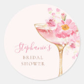 Roze Bloemblaadjes en Prosecco Bloemrijke Bruidsdo Ronde Sticker (Voorkant)