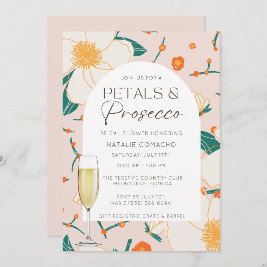 Roze Bloemblaadjes en Prosecco Bruidsfeest Borrel Kaart (Voorkant / Achterkant)