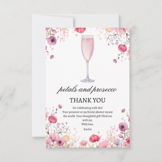 Roze bloemblaadjes en Prosecco Vrijgezellenfeest Bedankkaart (Voorkant)