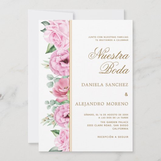 Roze bloemblaadjes Nuestra Boda Spaanse bruiloft Kaart (Voorkant)