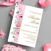 Roze bloemblaadjes Nuestra Boda Spaanse bruiloft Kaart