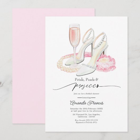Roze Bloemblaadjes Parels & Prosecco Bruidsfeest Kaart (Voorkant / Achterkant)