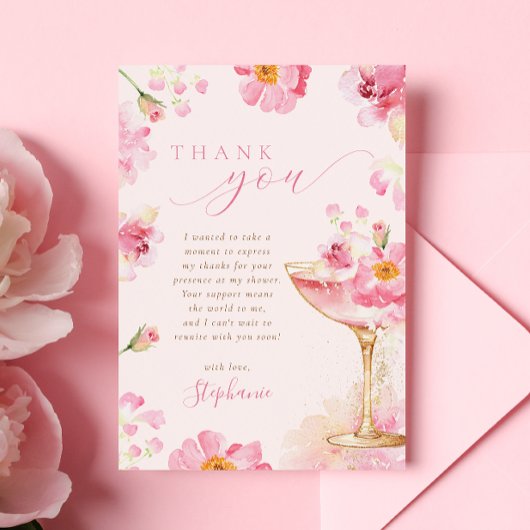 Roze Bloemblaadjes Prosecco Bruidsdouche Bedankkaart