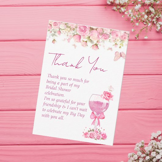 Roze Bloemblaadjes & Prosecco Bruidsfeest Bedankkaart