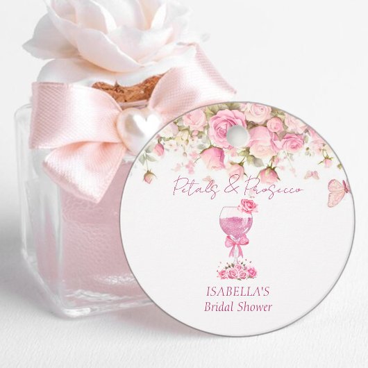 Roze bloemblaadjes & Prosecco Bruidsmeisjesfeest Bedankjes Labels