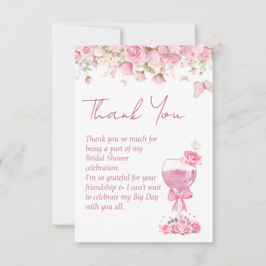 Roze bloemblaadjes & Prosecco Bruidsmeisjesfeest Bedankkaart (Voorkant)