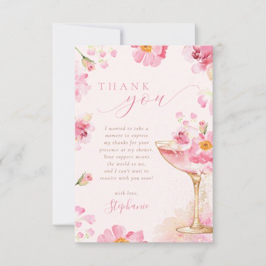 Roze bloemblaadjes Prosecco Vrijgezellenfeest Bedankkaart (Voorkant)