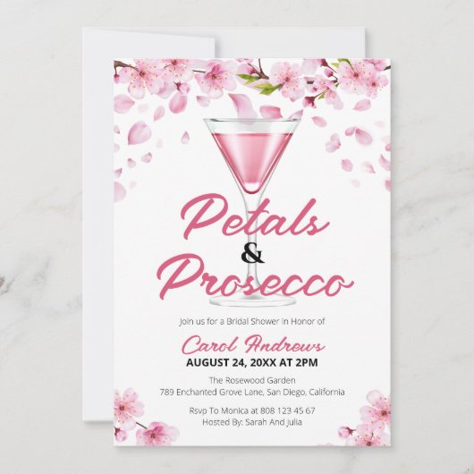 Roze bloemblaadjes & Prosecco Vrijgezellenfeest Kaart (Voorkant)