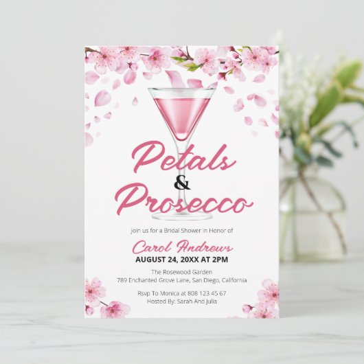 Roze bloemblaadjes & Prosecco Vrijgezellenfeest Kaart (Staand voorkant)