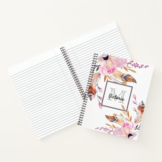 Roze bloemblaadjes veer boho monogram notitieboek (Binnen)