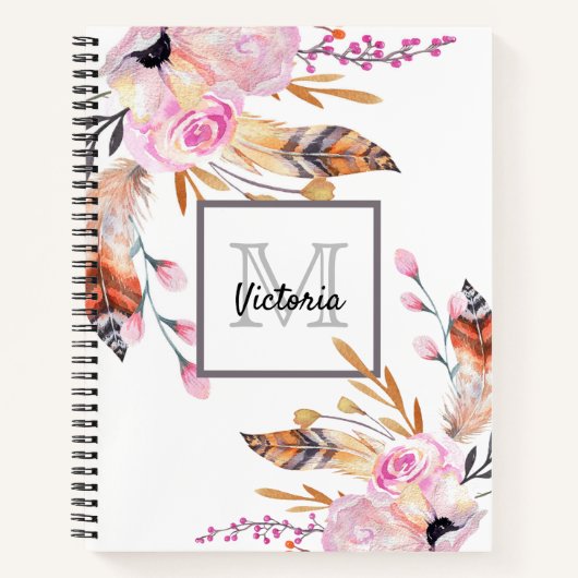 Roze bloemblaadjes veer boho monogram notitieboek (Voorkant)