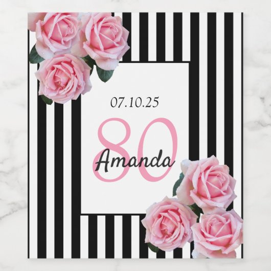 Roze bloemblaadjes zwart witte strepen 80e verjaar wijn etiket (Enkel label)
