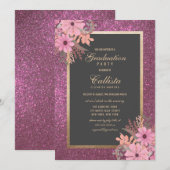 Roze Bloembladeren Waterverf Glitter Afstuderen Kaart (Voorkant / Achterkant)