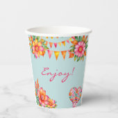 Roze Bloemblauw Fiesta Baby shower Papieren Bekers (Voorkant)