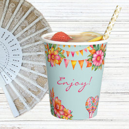 Roze Bloemblauw Fiesta Baby shower Papieren Bekers