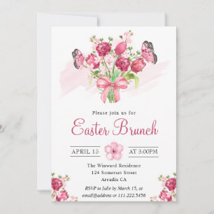 Roze bloemboeket en vlinders Pasen brunch Kaart