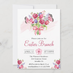 Roze bloemboeket en vlinders Pasen brunch Kaart