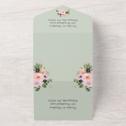 Roze bloemboeket op saliegroene trouw all in one uitnodiging (Buitenkant)