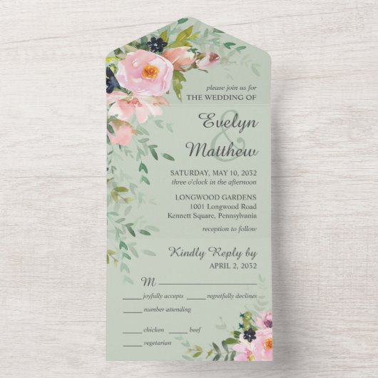Roze bloemboeket op saliegroene trouw all in one uitnodiging (Binnen)