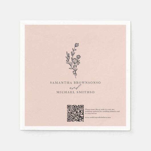Roze Bloemboeket QR-code Trouwdag Servet (Voorkant)