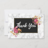 Roze bloemboeketten op zwarte lijst bruiloft bedan kaart (Voorkant)