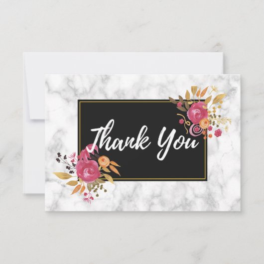 Roze bloemboeketten op zwarte lijst bruiloft bedan kaart (Voorkant)