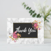 Roze bloemboeketten op zwarte lijst bruiloft bedan kaart (Staand voorkant)