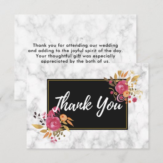 Roze bloemboeketten op zwarte lijst bruiloft bedan kaart (Voorkant / Achterkant)