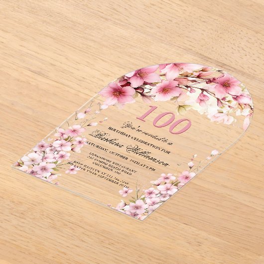 Roze Bloemboog Elegantie 100ste Verjaardagsfeest Acryl Uitnodigingen (Laagn)