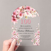 Roze Bloemboog Elegantie 100ste Verjaardagsfeest Acryl Uitnodigingen (Insitu (Draagbaar))
