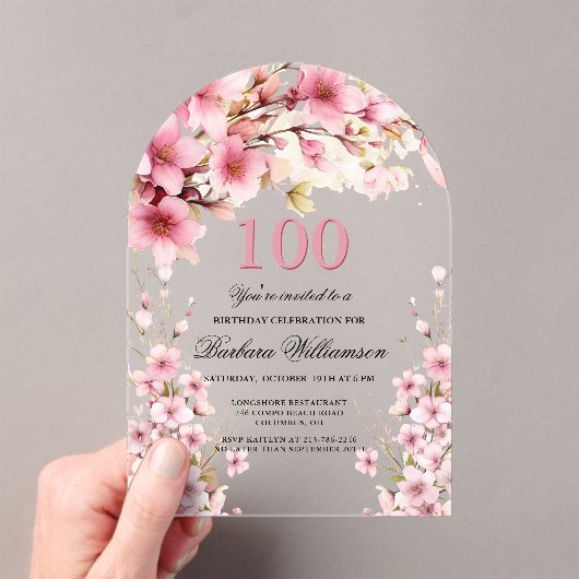 Roze Bloemboog Elegantie 100ste Verjaardagsfeest Acryl Uitnodigingen (Insitu (Draagbaar))