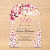 Roze Bloemboog Elegantie 100ste Verjaardagsfeest Acryl Uitnodigingen (Voorkant)