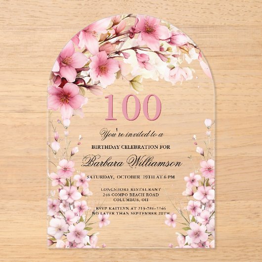 Roze Bloemboog Elegantie 100ste Verjaardagsfeest Acryl Uitnodigingen (Voorkant)